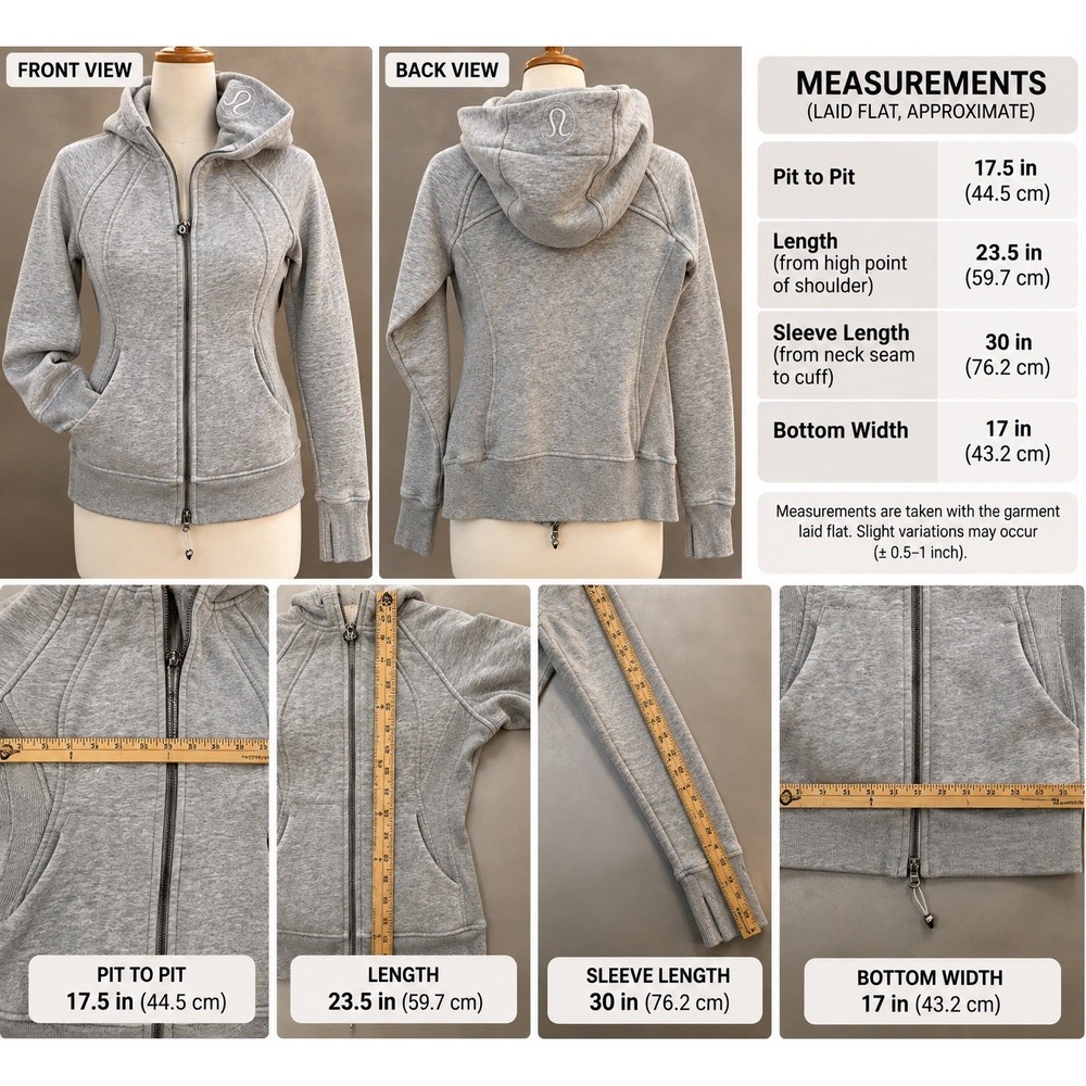 Lululemon Scuba Hoodie Women Size 4 Heather Gray Full Zip Jacket Thumbholes - Picture 3 of 16